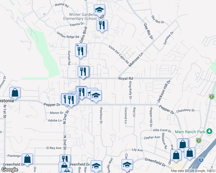 map of restaurants, bars, coffee shops, grocery stores, and more near 8025 Tone Lane in El Cajon