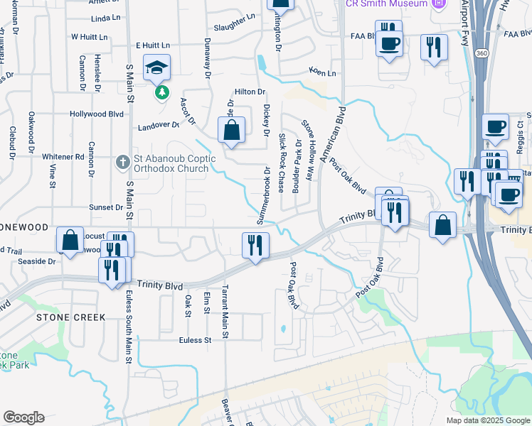 map of restaurants, bars, coffee shops, grocery stores, and more near 1113 Summerbrook Drive in Euless