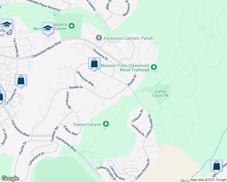map of restaurants, bars, coffee shops, grocery stores, and more near 4551 Via Palabra in San Diego