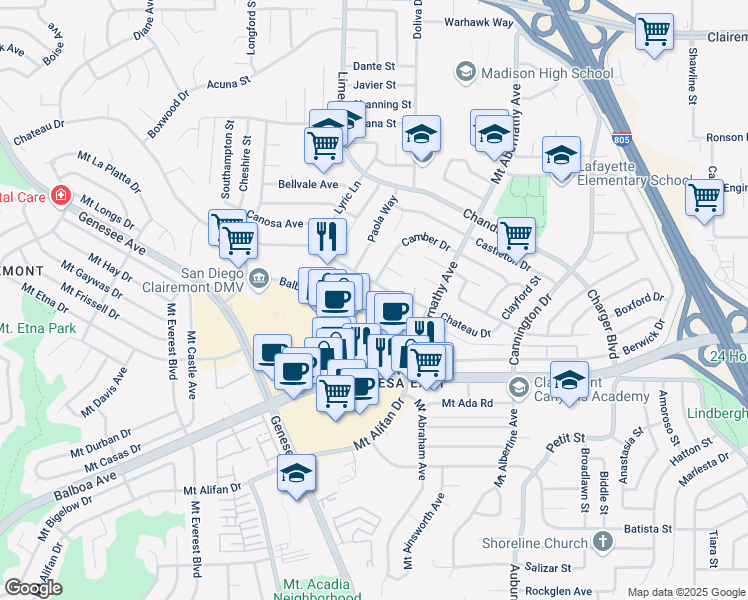 map of restaurants, bars, coffee shops, grocery stores, and more near 5550 Balboa Arms Drive in San Diego