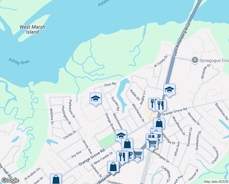 map of restaurants, bars, coffee shops, grocery stores, and more near 17 Eton Road in Charleston