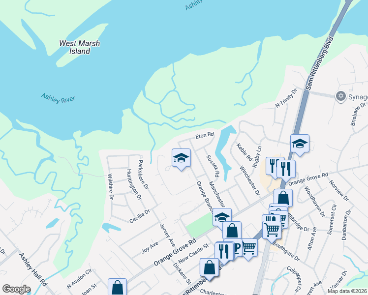 map of restaurants, bars, coffee shops, grocery stores, and more near 1280 Orange Branch Road in Charleston