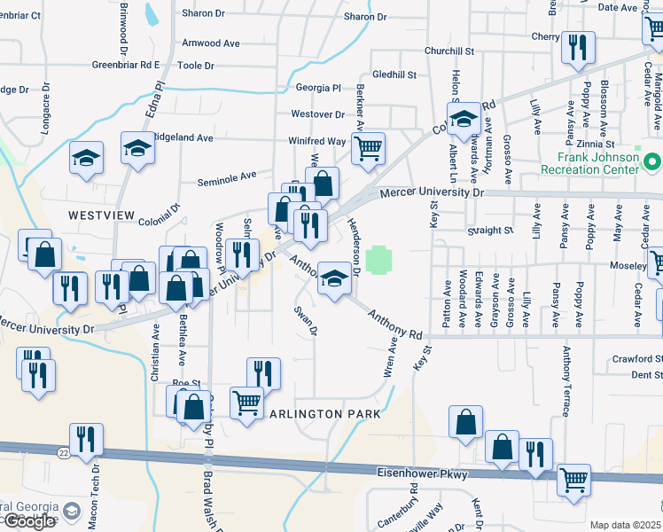map of restaurants, bars, coffee shops, grocery stores, and more near 2255 Anthony Road in Macon
