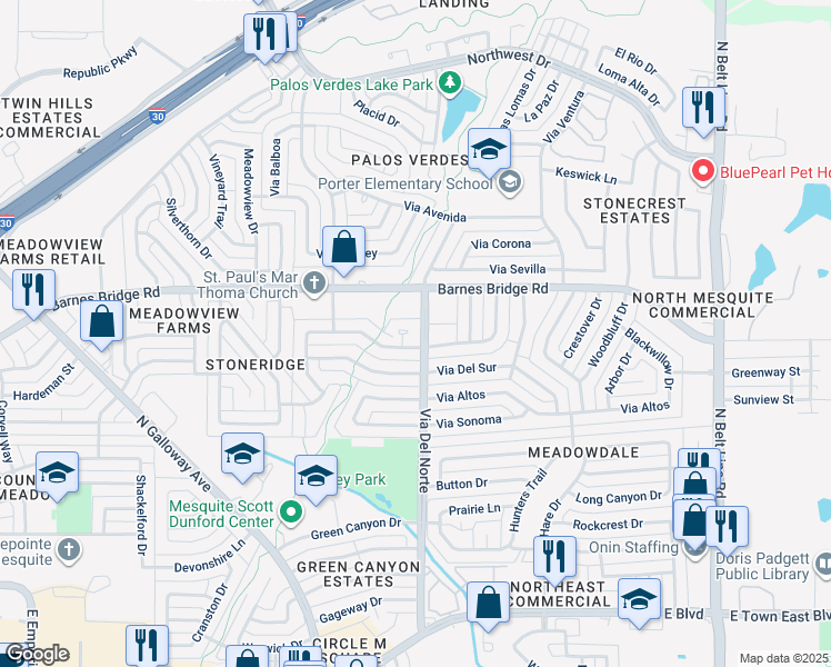 map of restaurants, bars, coffee shops, grocery stores, and more near 809 Barcelona Circle in Mesquite