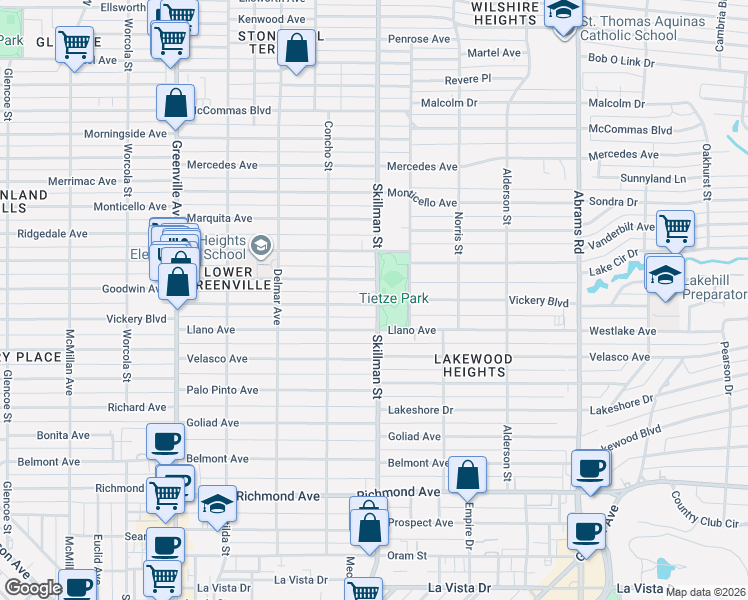 map of restaurants, bars, coffee shops, grocery stores, and more near 6041 Vickery Boulevard in Dallas