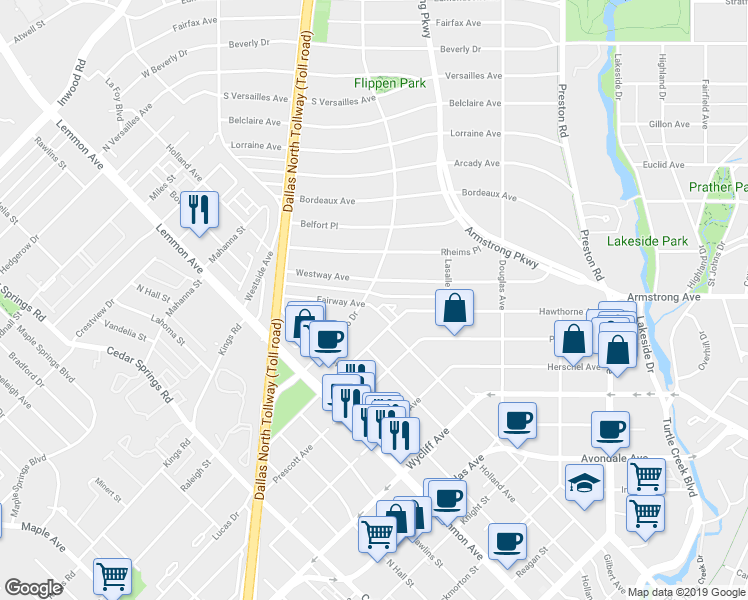 map of restaurants, bars, coffee shops, grocery stores, and more near 4301 Lomo Alto Drive in Dallas