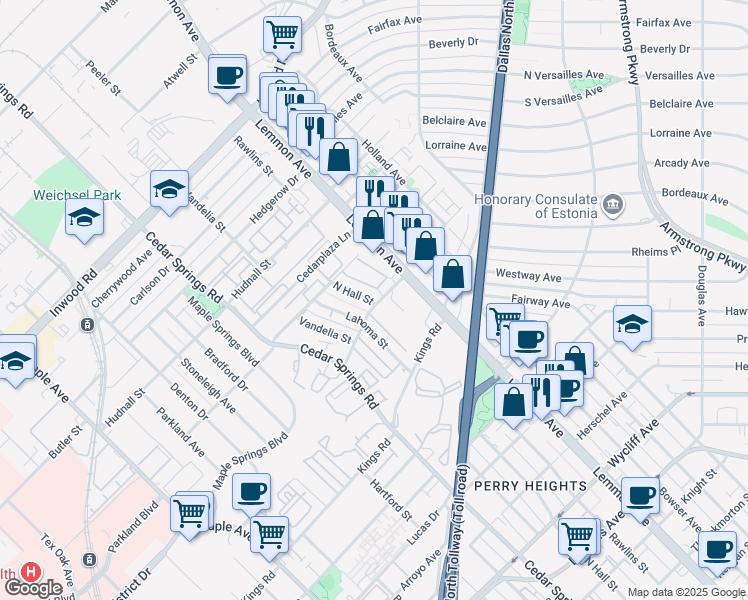 map of restaurants, bars, coffee shops, grocery stores, and more near 5042 North Hall Street in Dallas