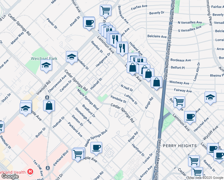 map of restaurants, bars, coffee shops, grocery stores, and more near 5152 Lahoma Street in Dallas