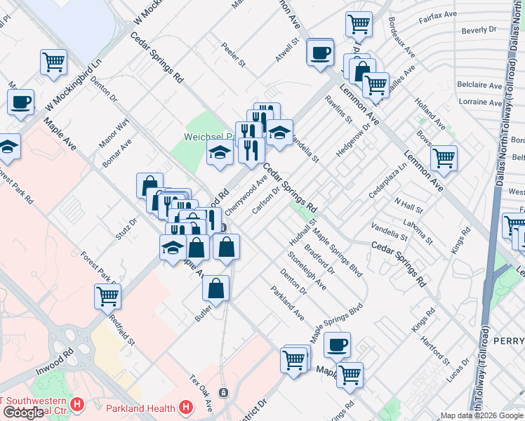 map of restaurants, bars, coffee shops, grocery stores, and more near 2838 Carlson Drive in Dallas
