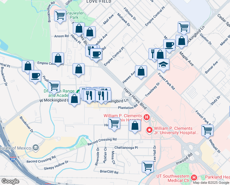 map of restaurants, bars, coffee shops, grocery stores, and more near 1853 West Mockingbird Lane in Dallas