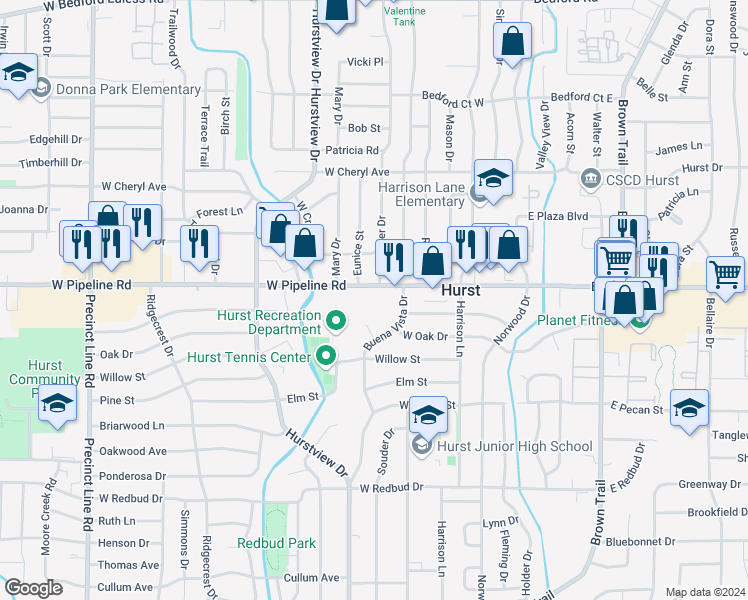 map of restaurants, bars, coffee shops, grocery stores, and more near 22 East Van Court in Hurst
