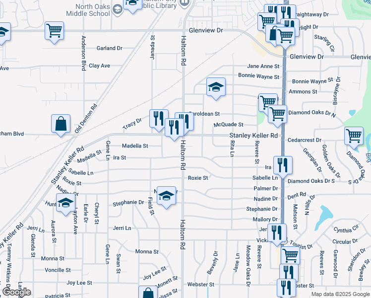 map of restaurants, bars, coffee shops, grocery stores, and more near 5041 Ira Street in Fort Worth
