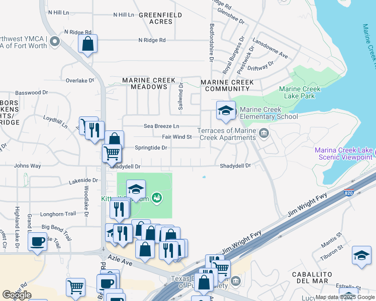 map of restaurants, bars, coffee shops, grocery stores, and more near 5721 Springtide Drive in Fort Worth