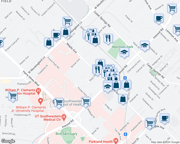 map of restaurants, bars, coffee shops, grocery stores, and more near 5959 Maple Avenue in Dallas