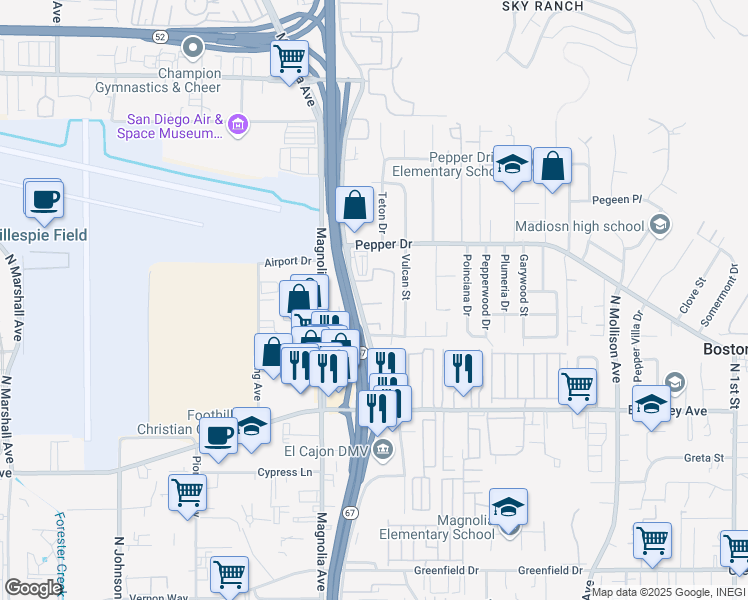 map of restaurants, bars, coffee shops, grocery stores, and more near 318 Graves Court in El Cajon