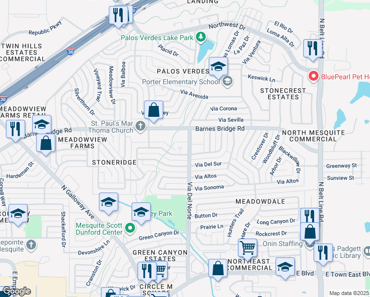 map of restaurants, bars, coffee shops, grocery stores, and more near 809 Barcelona Circle in Mesquite