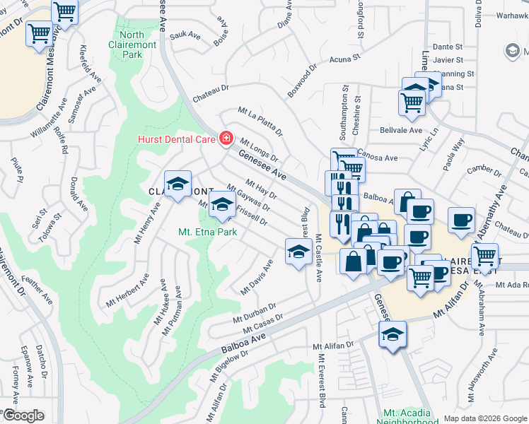 map of restaurants, bars, coffee shops, grocery stores, and more near 4915 Mount Gaywas Drive in San Diego