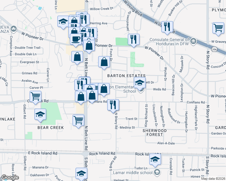 map of restaurants, bars, coffee shops, grocery stores, and more near 701 Fouts Dr in Irving