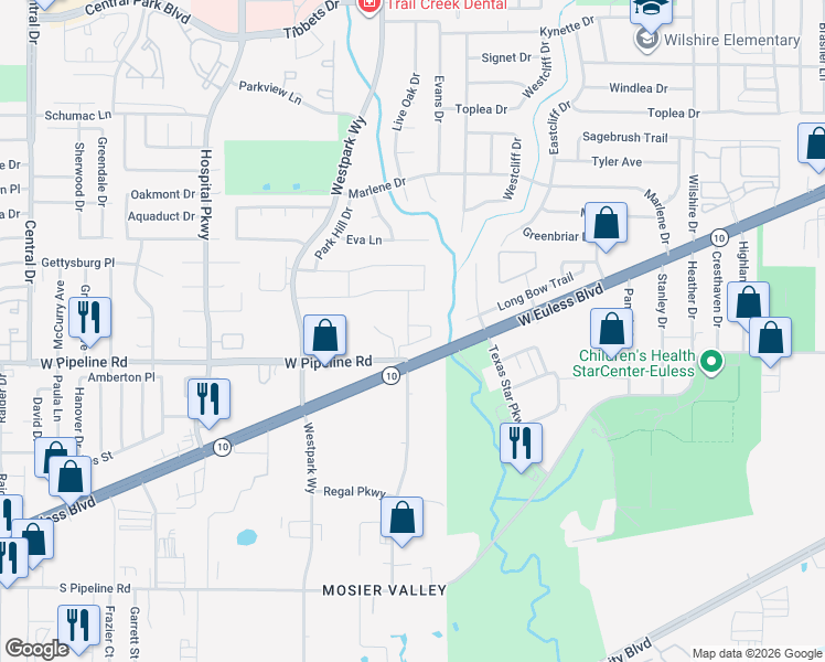 map of restaurants, bars, coffee shops, grocery stores, and more near 2301 Presidio Circle in Euless