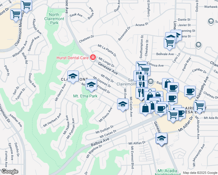 map of restaurants, bars, coffee shops, grocery stores, and more near 4915 Mount Gaywas Drive in San Diego