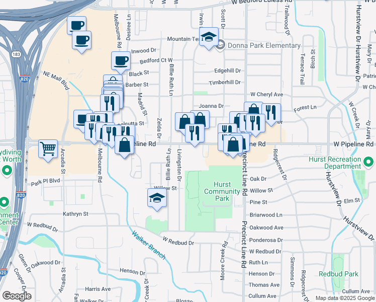 map of restaurants, bars, coffee shops, grocery stores, and more near 705 Heritage Circle in Hurst