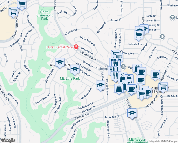map of restaurants, bars, coffee shops, grocery stores, and more near 4915 Mount Gaywas Drive in San Diego