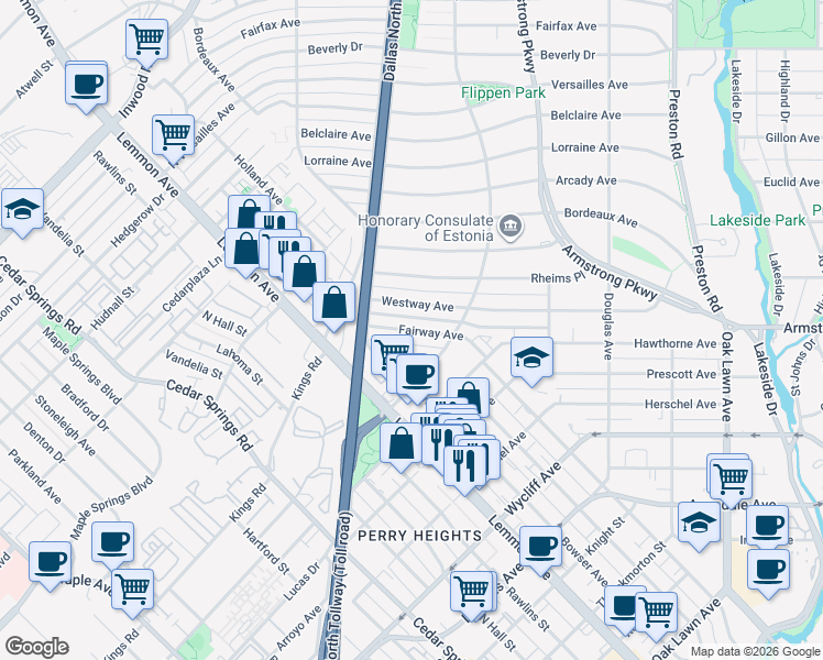map of restaurants, bars, coffee shops, grocery stores, and more near 4521 Fairway Avenue in Dallas