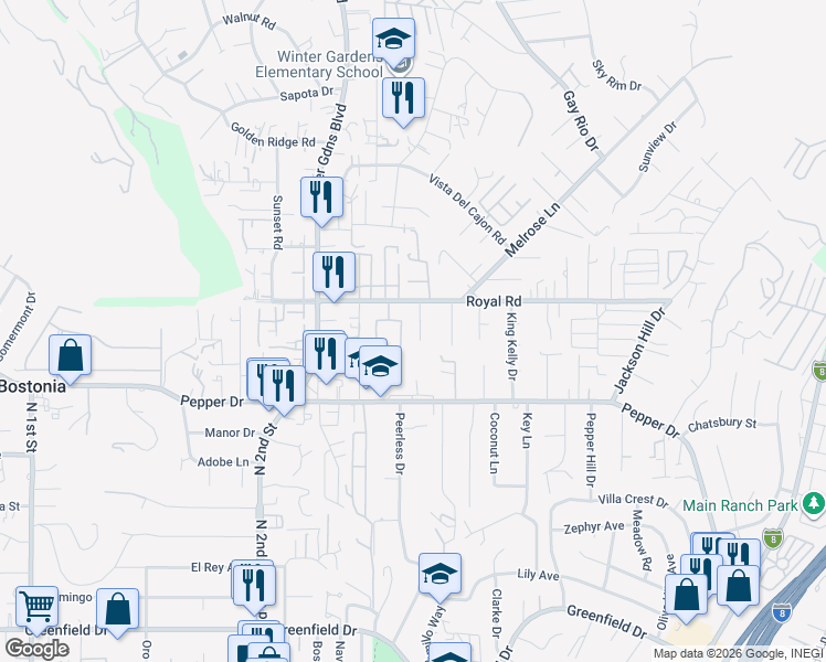 map of restaurants, bars, coffee shops, grocery stores, and more near 8025 Tone Lane in El Cajon