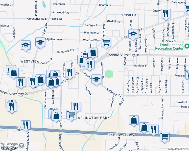 map of restaurants, bars, coffee shops, grocery stores, and more near 2255 Anthony Road in Macon