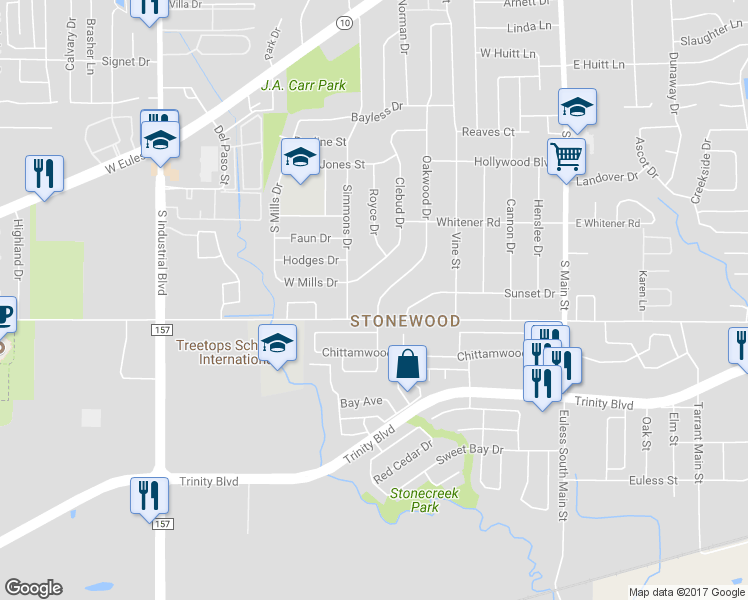 map of restaurants, bars, coffee shops, grocery stores, and more near 1004 Oakwood Drive in Euless