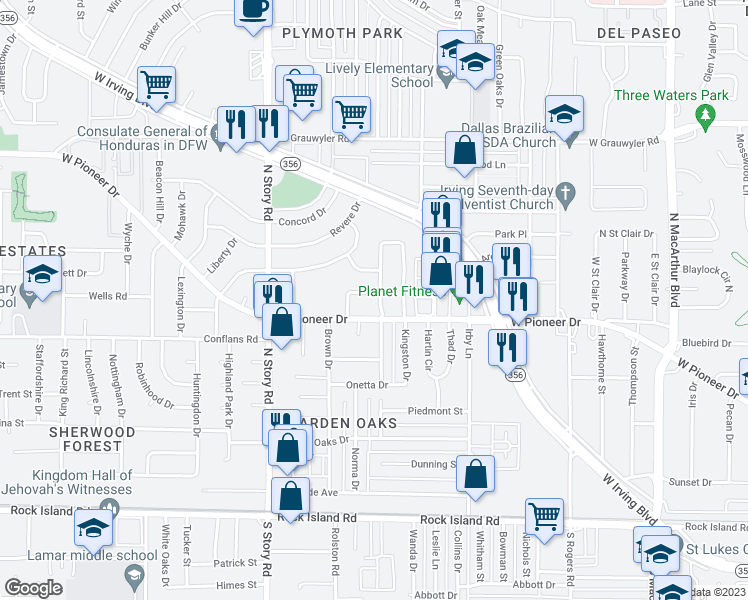 map of restaurants, bars, coffee shops, grocery stores, and more near 715 West Tanglewood Drive in Irving