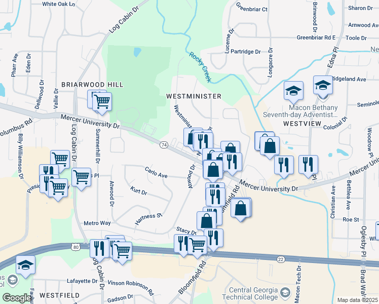 map of restaurants, bars, coffee shops, grocery stores, and more near 3781 Mercer University Drive in Macon