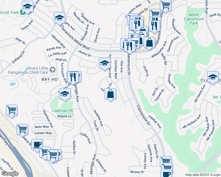 map of restaurants, bars, coffee shops, grocery stores, and more near 3618 Tavara Circle in San Diego