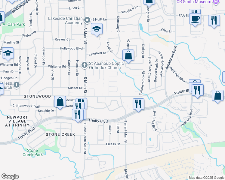 map of restaurants, bars, coffee shops, grocery stores, and more near 7 Kenneth Drive in Euless