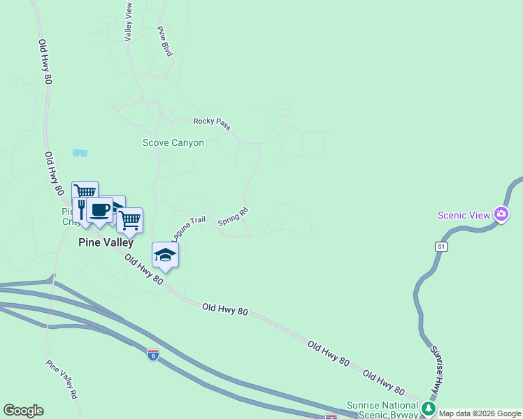 map of restaurants, bars, coffee shops, grocery stores, and more near 29067 Spring Road in Pine Valley