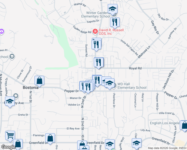 map of restaurants, bars, coffee shops, grocery stores, and more near 8022 Winter Gardens Boulevard in El Cajon