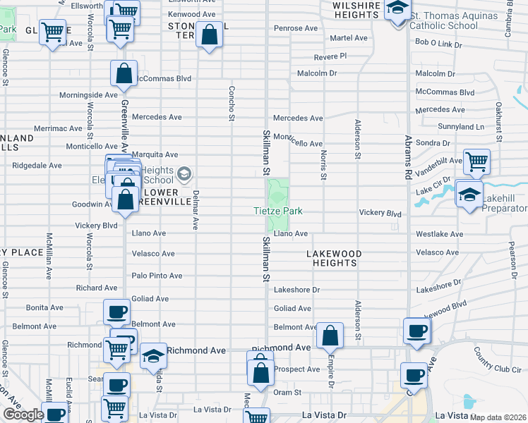 map of restaurants, bars, coffee shops, grocery stores, and more near 6041 Vickery Boulevard in Dallas