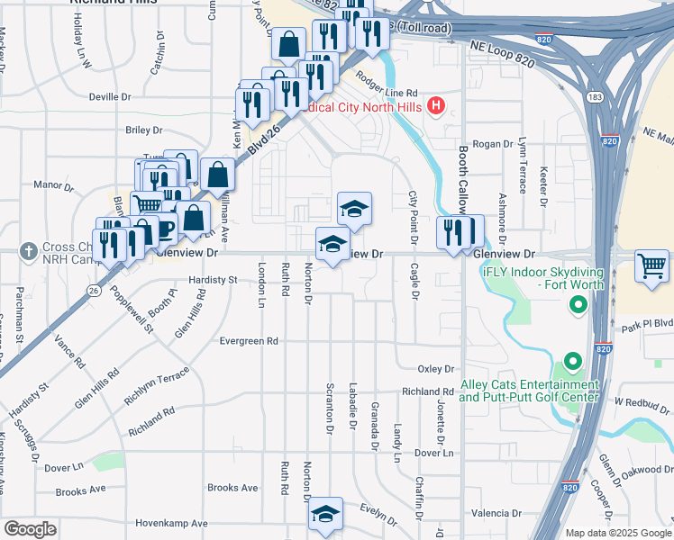 map of restaurants, bars, coffee shops, grocery stores, and more near 7400 Glenview Drive in Richland Hills