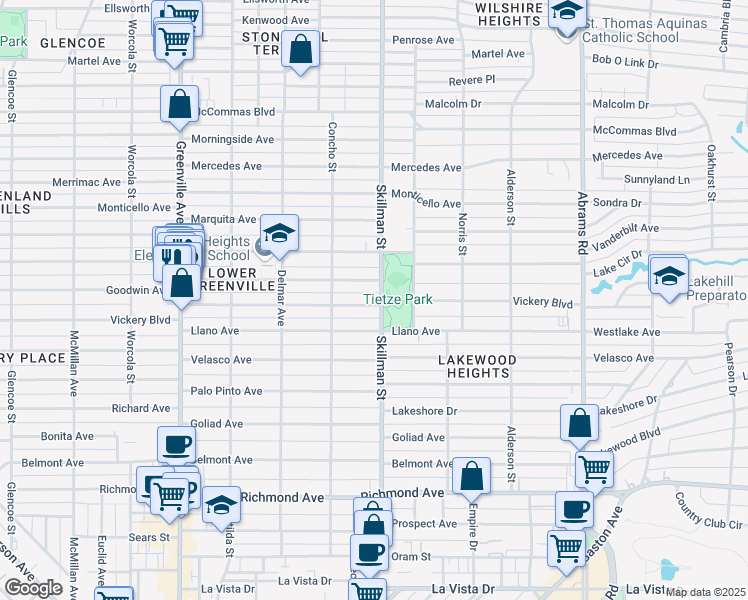 map of restaurants, bars, coffee shops, grocery stores, and more near 6041 Vickery Boulevard in Dallas
