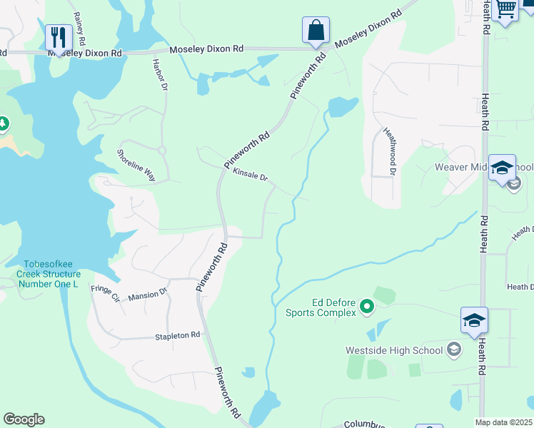map of restaurants, bars, coffee shops, grocery stores, and more near 501 Kinsale Drive in Macon