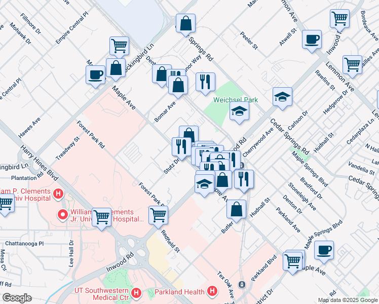 map of restaurants, bars, coffee shops, grocery stores, and more near 5719 Sadler Circle in Dallas