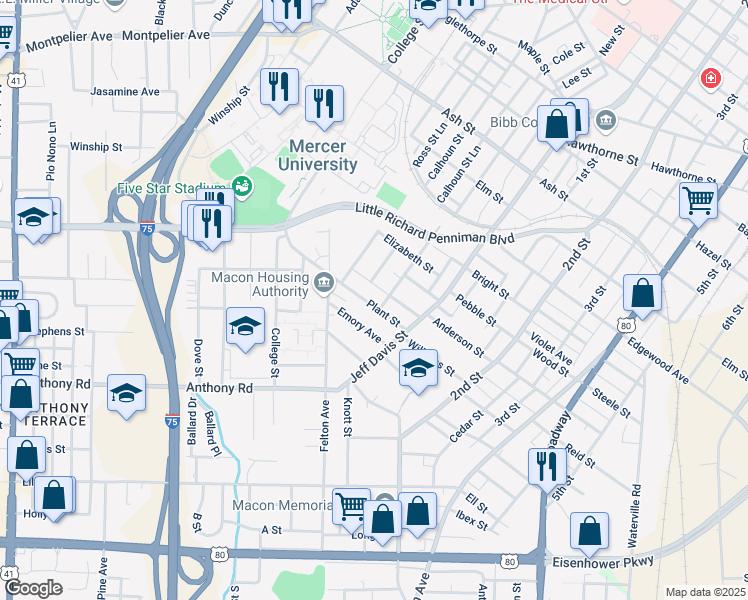 map of restaurants, bars, coffee shops, grocery stores, and more near 268 Plant Street in Macon