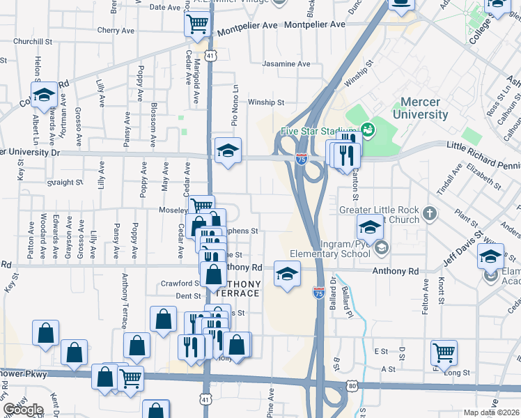 map of restaurants, bars, coffee shops, grocery stores, and more near 1979 Fletcher Street in Macon