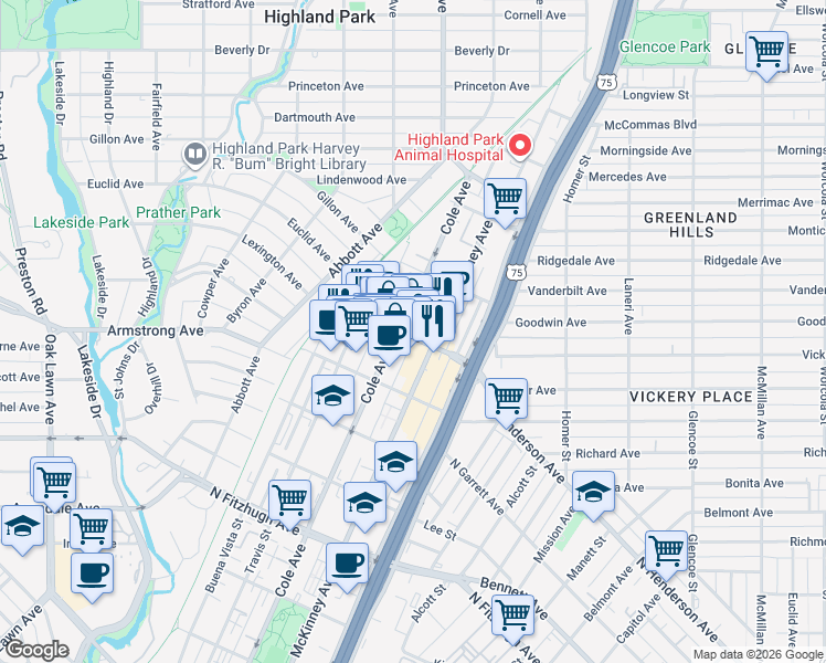 map of restaurants, bars, coffee shops, grocery stores, and more near 3120 Knox Street in Dallas