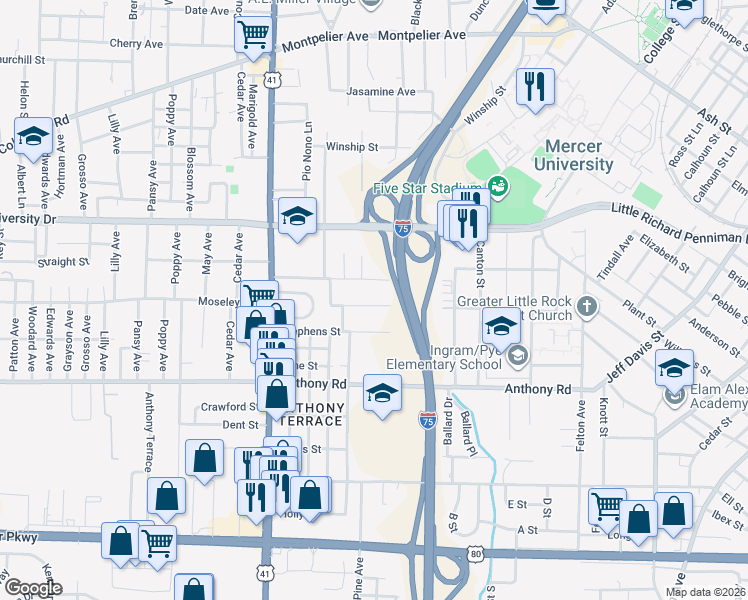map of restaurants, bars, coffee shops, grocery stores, and more near 1850 Fletcher Street in Macon