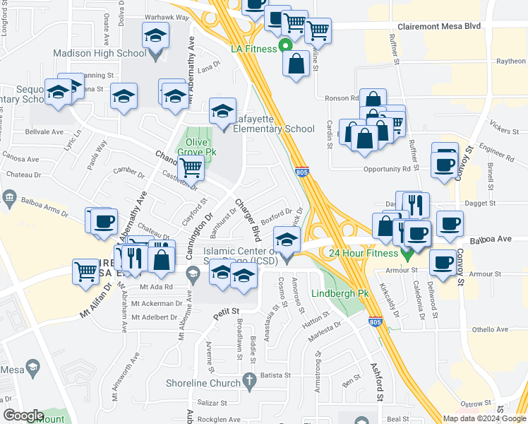 map of restaurants, bars, coffee shops, grocery stores, and more near 6757 Bamburgh Drive in San Diego