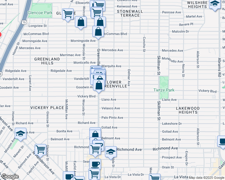 map of restaurants, bars, coffee shops, grocery stores, and more near 5749 Vickery Boulevard in Dallas