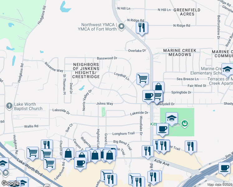 map of restaurants, bars, coffee shops, grocery stores, and more near 6301 Shadydell Drive in Fort Worth