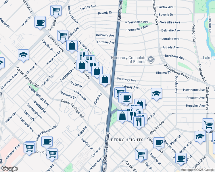 map of restaurants, bars, coffee shops, grocery stores, and more near 4351 MacArthur Avenue in Dallas