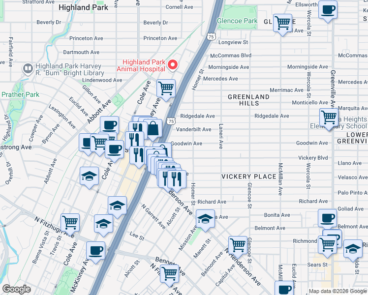 map of restaurants, bars, coffee shops, grocery stores, and more near 5136 Goodwin Avenue in Dallas